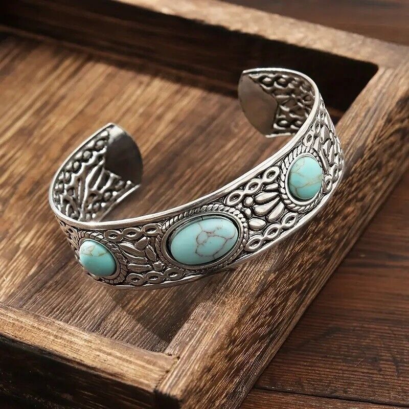 Boho 925 Sterling Silver Vintage Turquoise Tibetan Tibet Bracelet Bangle Cuff