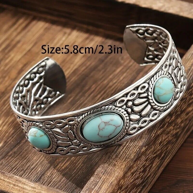 Boho 925 Sterling Silver Vintage Turquoise Tibetan Tibet Bracelet Bangle Cuff