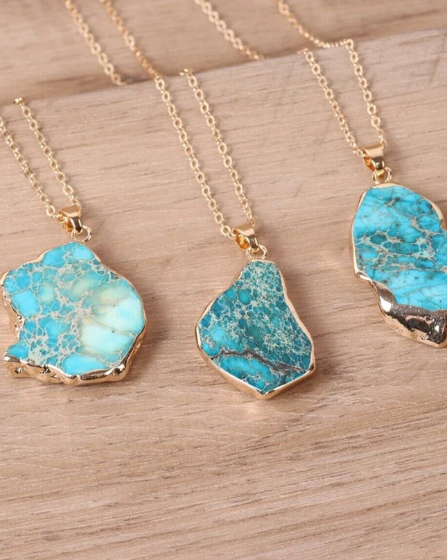Natural Raw Turquoise Stone Blue Gemstone Pendant Necklace Gold Chain