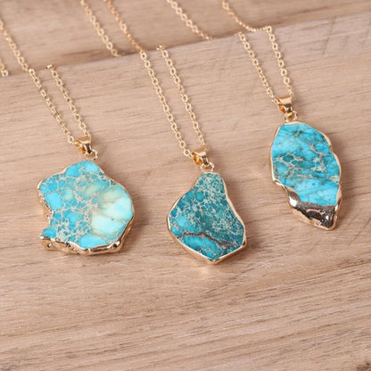 Natural Raw Turquoise Stone Blue Gemstone Pendant Necklace Gold Chain