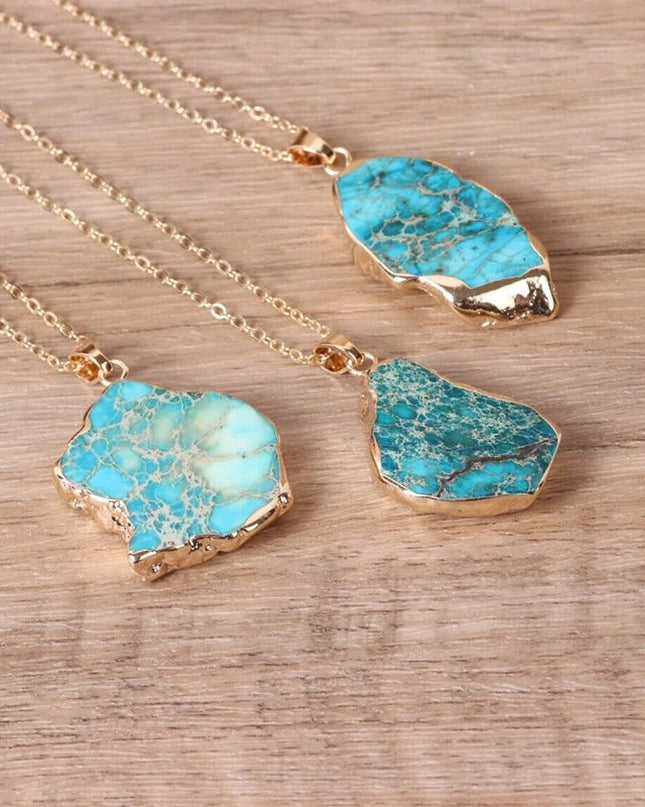 Natural Raw Turquoise Stone Blue Gemstone Pendant Necklace Gold Chain
