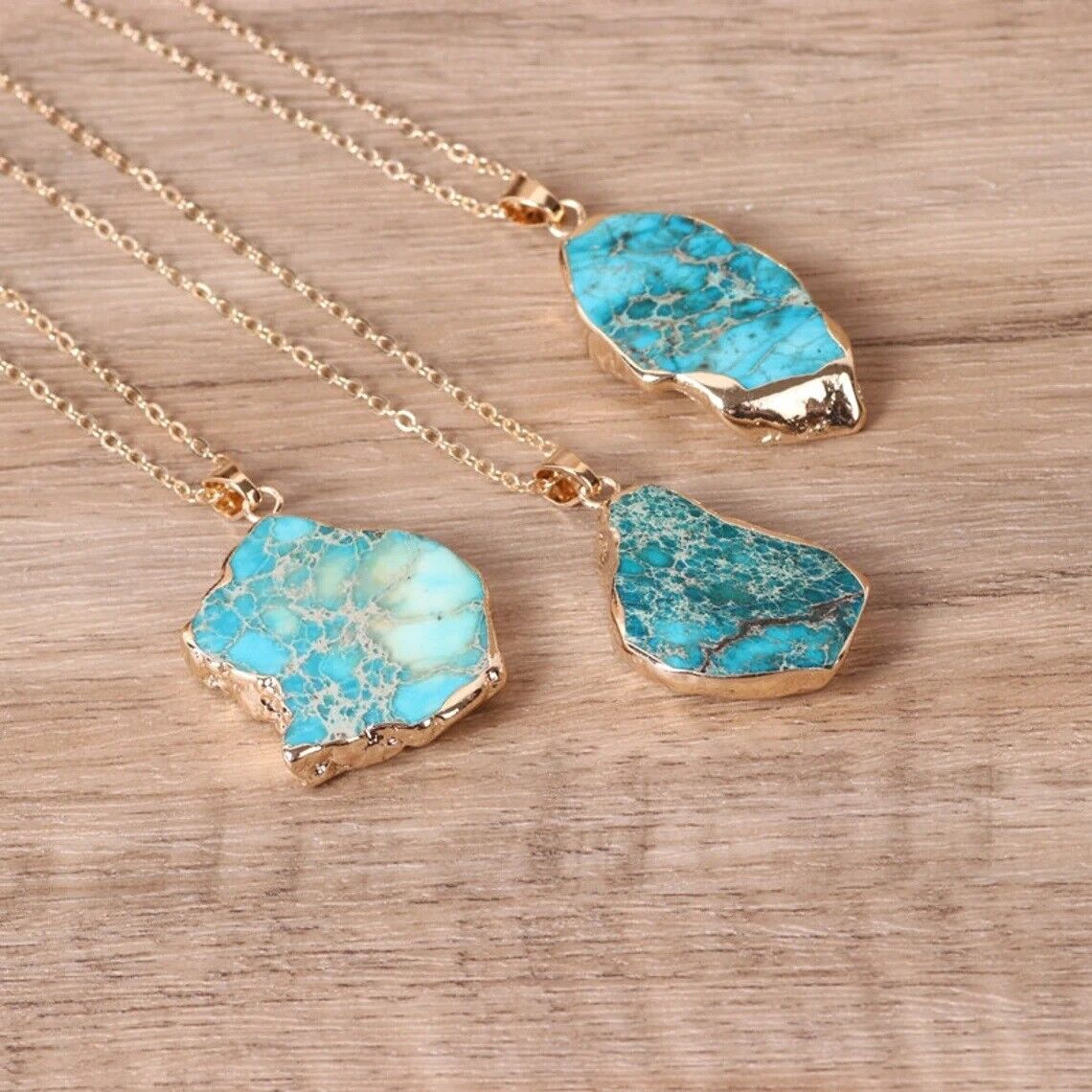 Natural Raw Turquoise Stone Blue Gemstone Pendant Necklace Gold Chain