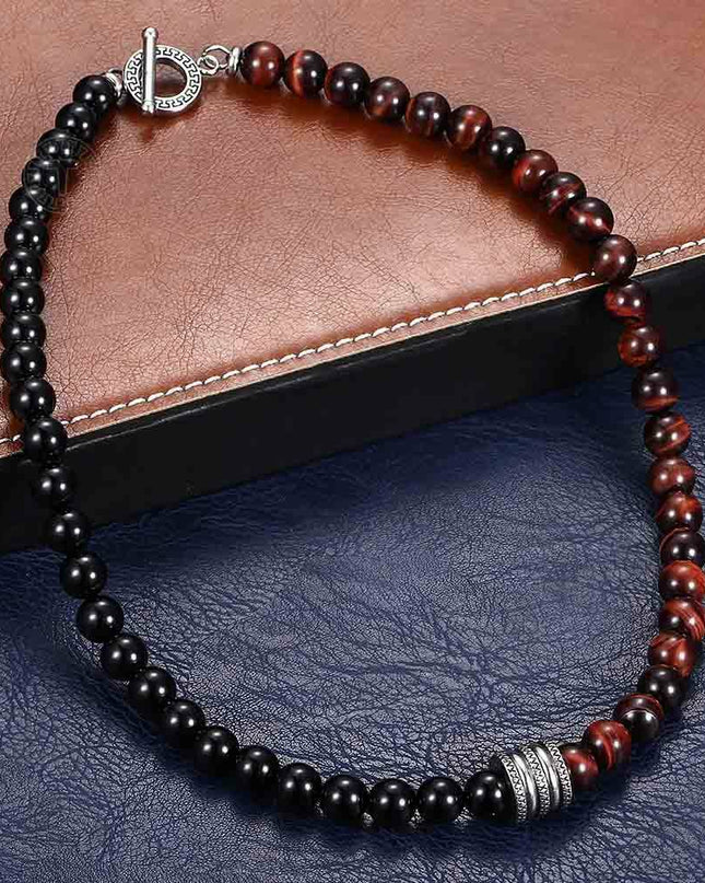 8mm Mixed Red Tiger Eye Black Glass Bead Necklace Stainless Steel Toggle Choker