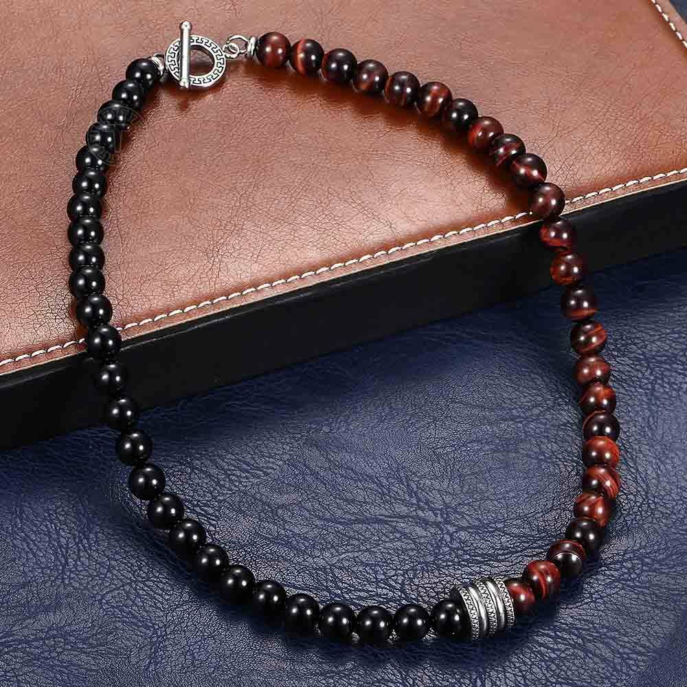 8mm Mixed Red Tiger Eye Black Glass Bead Necklace Stainless Steel Toggle Choker