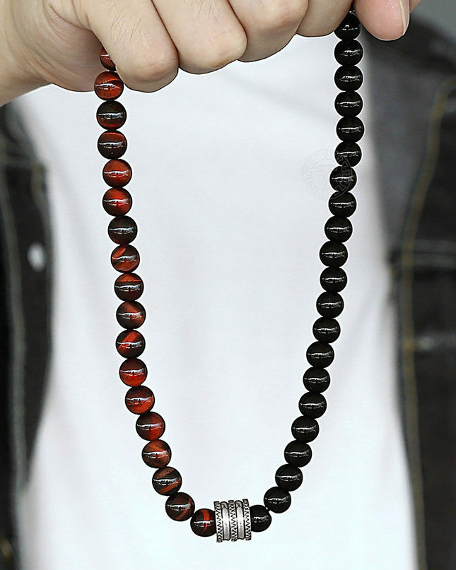 8mm Mixed Red Tiger Eye Black Glass Bead Necklace Stainless Steel Toggle Choker