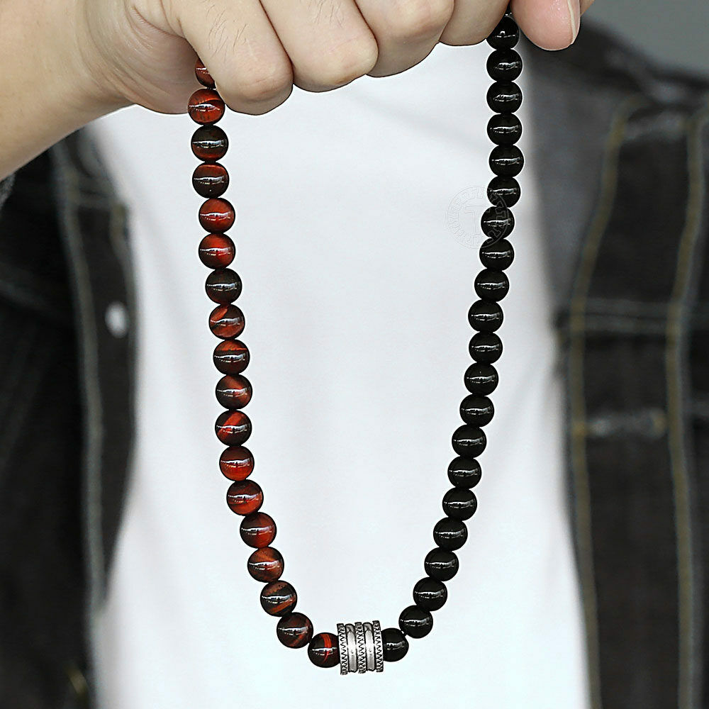 8mm Mixed Red Tiger Eye Black Glass Bead Necklace Stainless Steel Toggle Choker