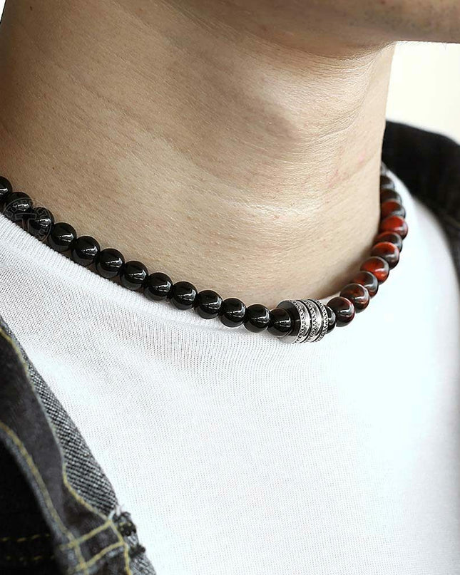 8mm Mixed Red Tiger Eye Black Glass Bead Necklace Stainless Steel Toggle Choker