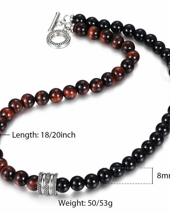 8mm Mixed Red Tiger Eye Black Glass Bead Necklace Stainless Steel Toggle Choker