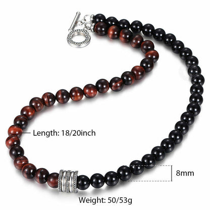 8mm Mixed Red Tiger Eye Black Glass Bead Necklace Stainless Steel Toggle Choker