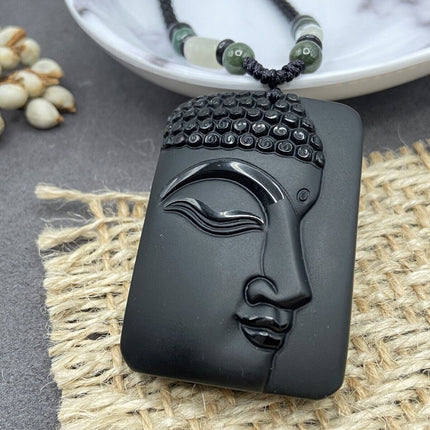 Jade Obsidian Buddha Charm Pendant Necklace Beads Cord Handmade Carved Gemstone