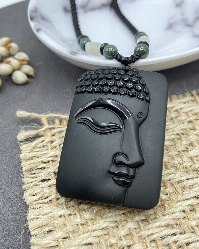 Jade Obsidian Buddha Charm Pendant Necklace Beads Cord Handmade Carved Gemstone