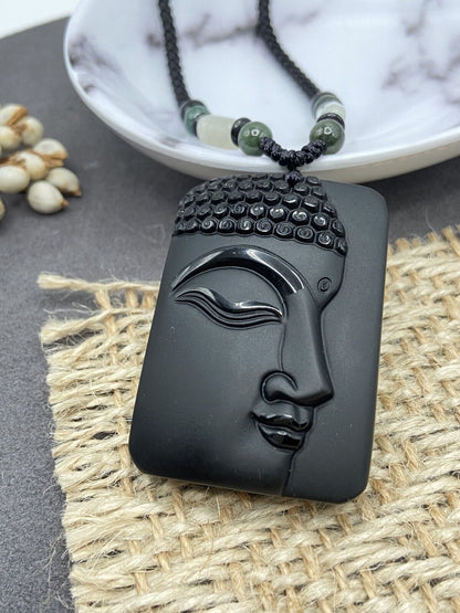 Jade Obsidian Buddha Charm Pendant Necklace Beads Cord Handmade Carved Gemstone