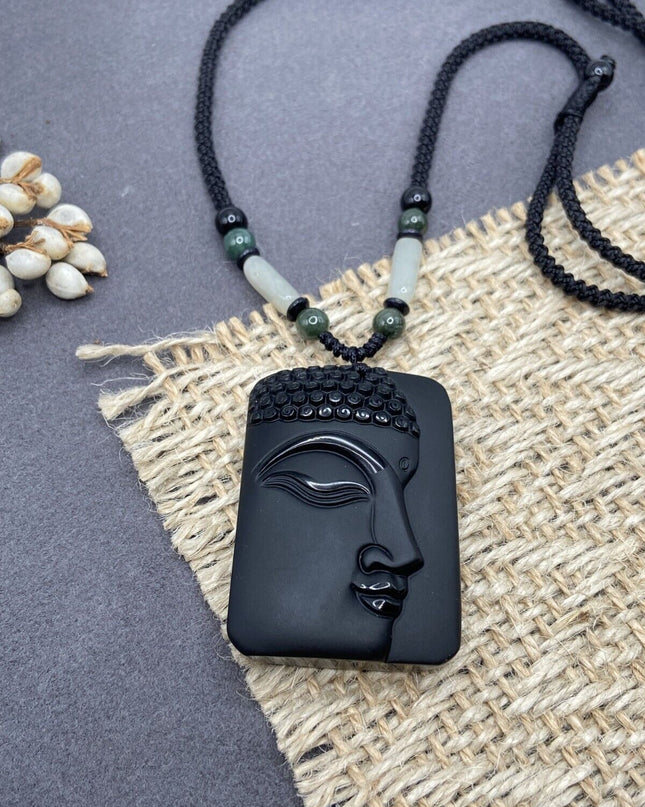 Jade Obsidian Buddha Charm Pendant Necklace Beads Cord Handmade Carved Gemstone