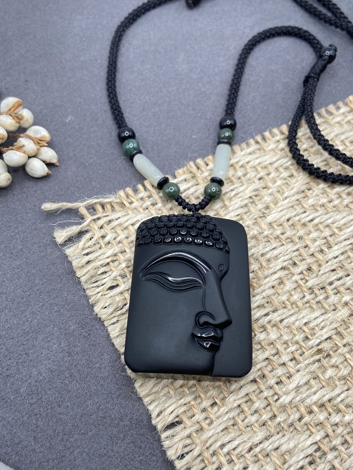 Jade Obsidian Buddha Charm Pendant Necklace Beads Cord Handmade Carved Gemstone