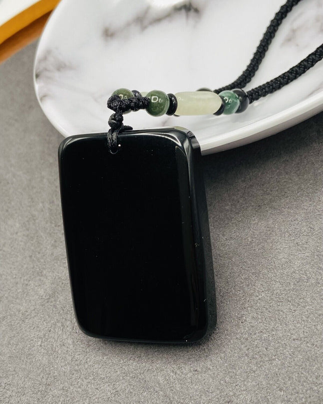 Jade Obsidian Buddha Charm Pendant Necklace Beads Cord Handmade Carved Gemstone