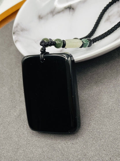 Jade Obsidian Buddha Charm Pendant Necklace Beads Cord Handmade Carved Gemstone