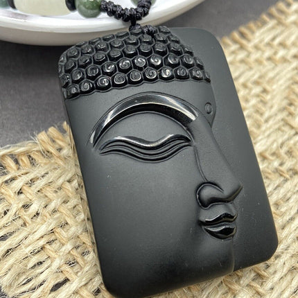 Jade Obsidian Buddha Charm Pendant Necklace Beads Cord Handmade Carved Gemstone