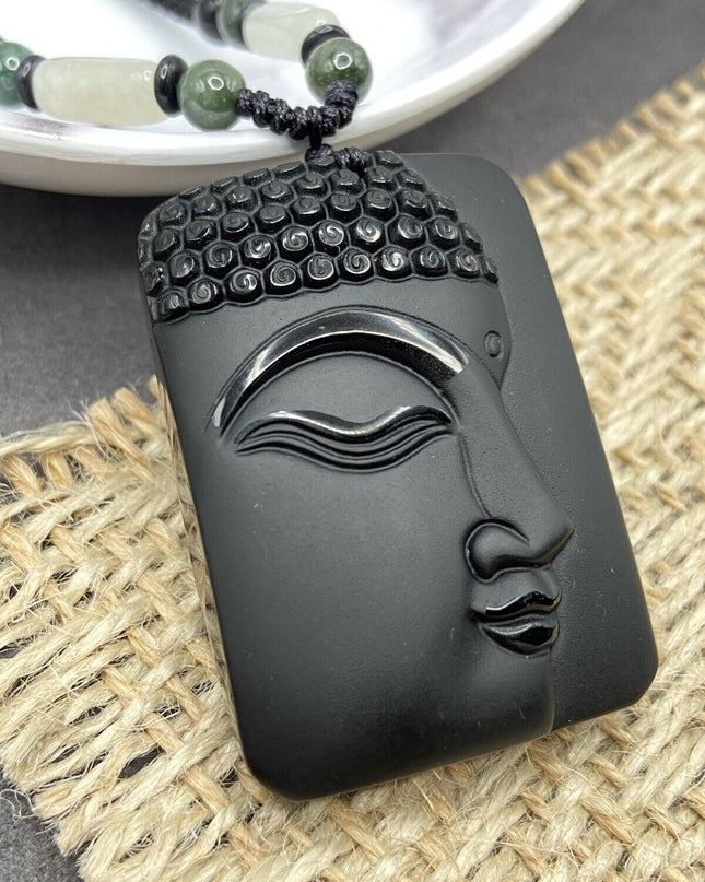 Jade Obsidian Buddha Charm Pendant Necklace Beads Cord Handmade Carved Gemstone