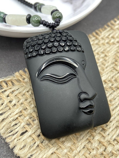 Jade Obsidian Buddha Charm Pendant Necklace Beads Cord Handmade Carved Gemstone