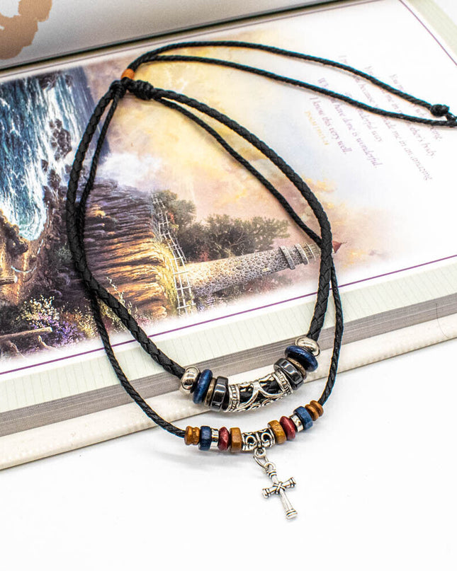 Western Cowboy Cross Pendant Necklace With Adjustable Black Leather Choker Cord