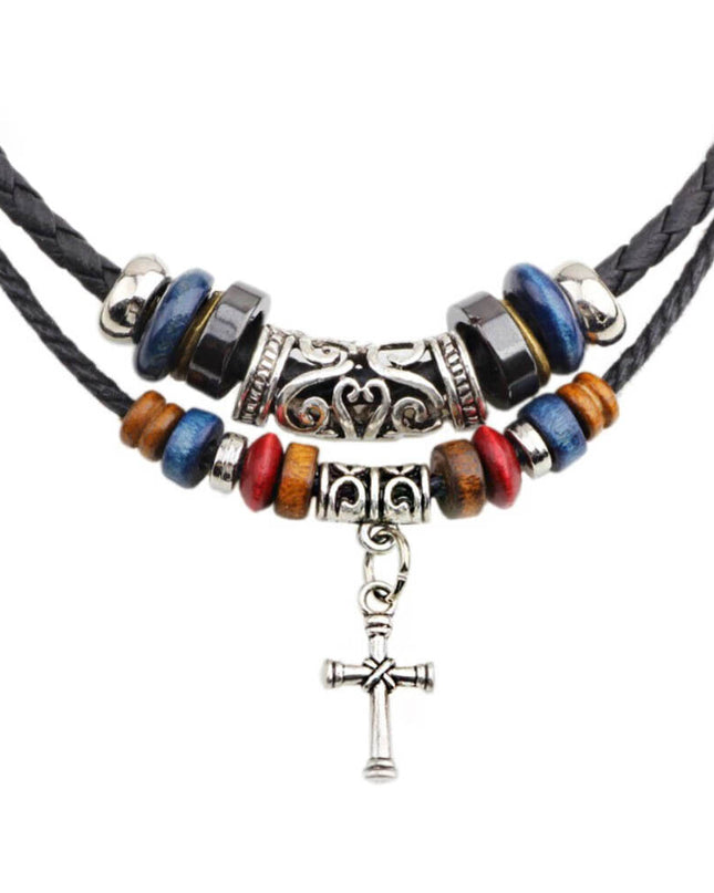 Western Cowboy Cross Pendant Necklace With Adjustable Black Leather Choker Cord