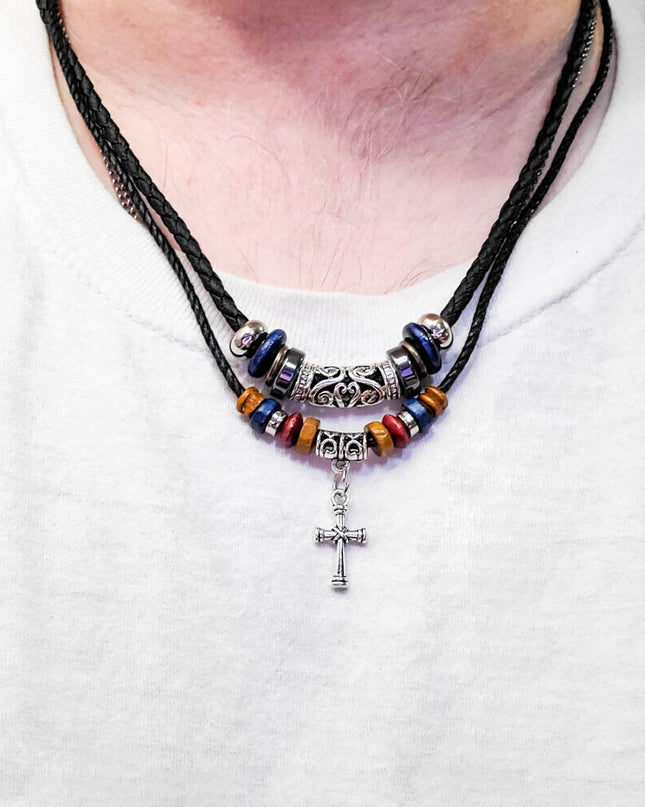 Western Cowboy Cross Pendant Necklace With Adjustable Black Leather Choker Cord