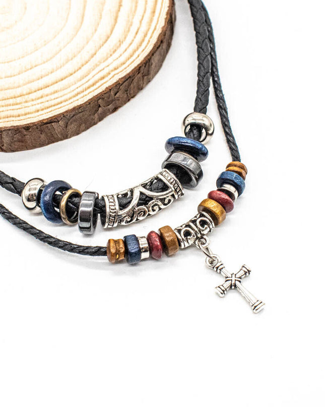 Western Cowboy Cross Pendant Necklace With Adjustable Black Leather Choker Cord