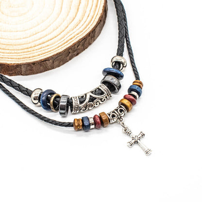 Western Cowboy Cross Pendant Necklace With Adjustable Black Leather Choker Cord