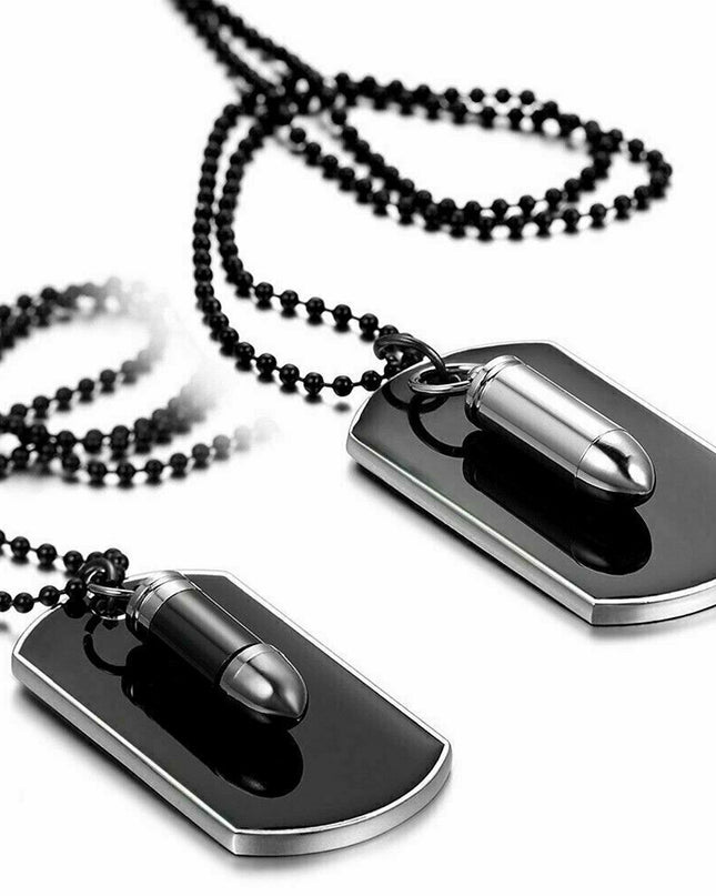 Men's Stainless Steel Black Bullet Dog Tag Pendant Necklace w Bead Chain