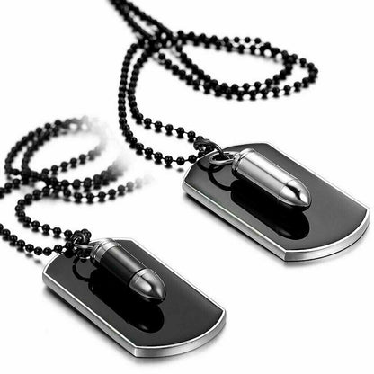 Men's Stainless Steel Black Bullet Dog Tag Pendant Necklace w Bead Chain