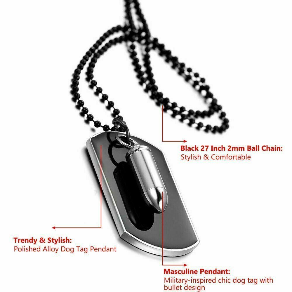 Men's Stainless Steel Black Bullet Dog Tag Pendant Necklace w Bead Chain