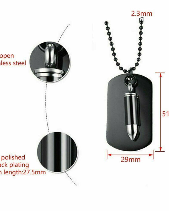 Men's Stainless Steel Black Bullet Dog Tag Pendant Necklace w Bead Chain