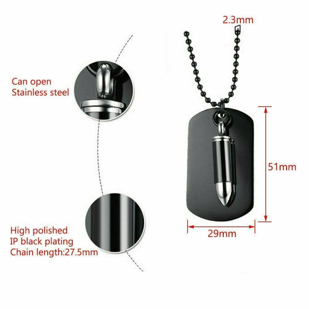 Men's Stainless Steel Black Bullet Dog Tag Pendant Necklace w Bead Chain