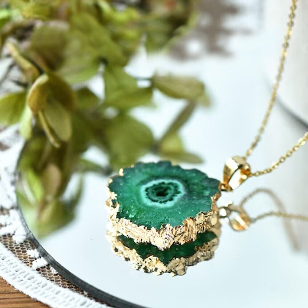 Green Druzy Solar Agate Geode Slice Healing Reiki 14K Gold Chain Necklace