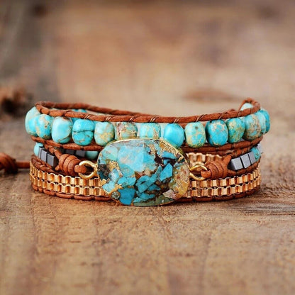 Natural Turquoise 3 Strands Boho Handmade Healing Meditation Women Wrap Bracelet