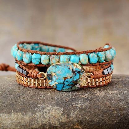 Natural Turquoise 3 Strands Boho Handmade Healing Meditation Women Wrap Bracelet