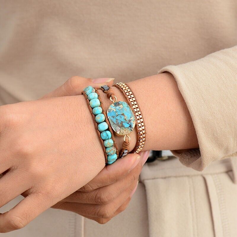 Natural Turquoise 3 Strands Boho Handmade Healing Meditation Women Wrap Bracelet