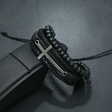 4Pcs/Set Men Ethnic Leather Stackable Braided Bracelet Christ Cross Charms
