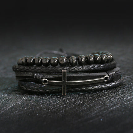 4Pcs/Set Men Ethnic Leather Stackable Braided Bracelet Christ Cross Charms