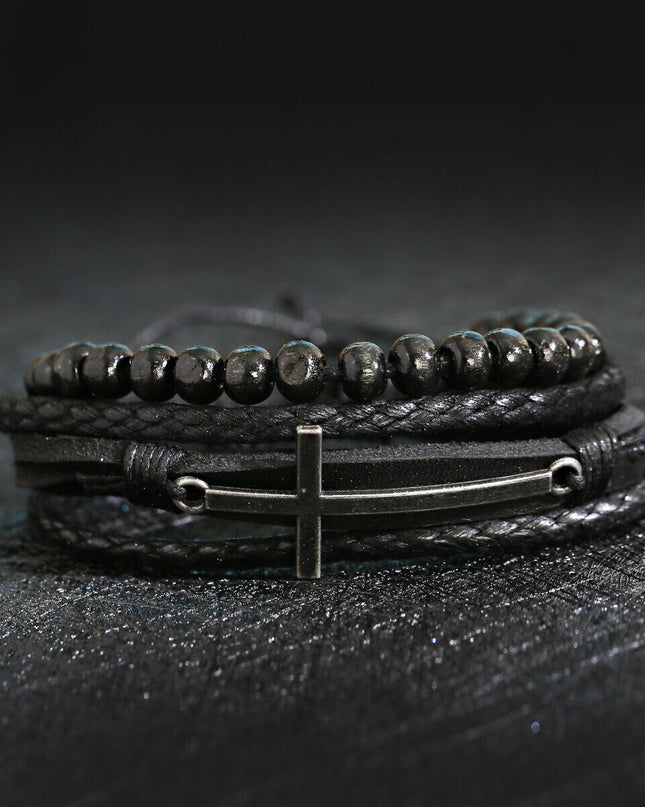 4Pcs/Set Men Ethnic Leather Stackable Braided Bracelet Christ Cross Charms