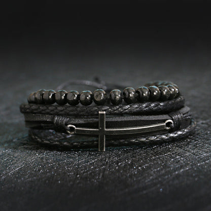 4Pcs/Set Men Ethnic Leather Stackable Braided Bracelet Christ Cross Charms