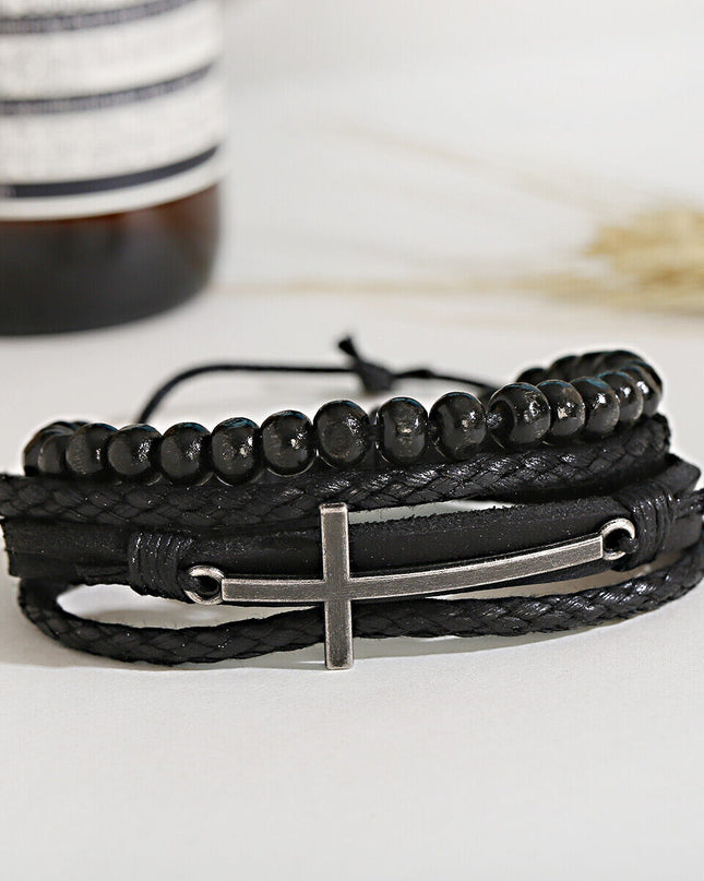 4Pcs/Set Men Ethnic Leather Stackable Braided Bracelet Christ Cross Charms