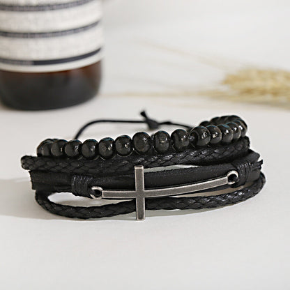 4Pcs/Set Men Ethnic Leather Stackable Braided Bracelet Christ Cross Charms