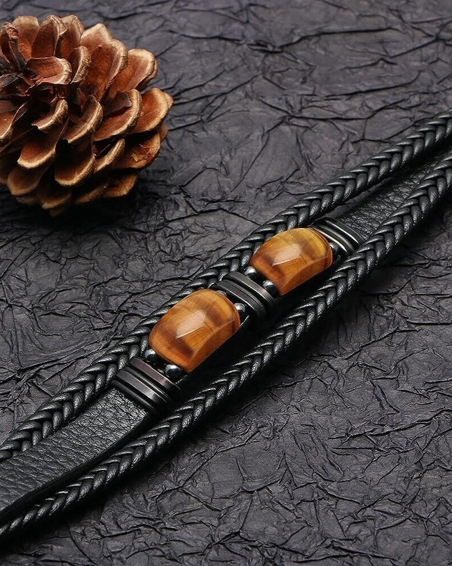 Natural Tiger's Eye Stone Men's Leather Braided Bracelet Bangle Magnetic Clasp