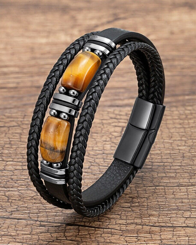 Natural Tiger's Eye Stone Men's Leather Braided Bracelet Bangle Magnetic Clasp
