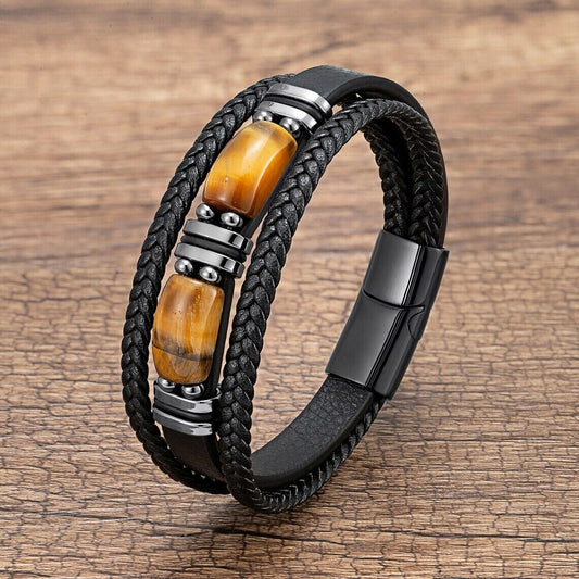 Natural Tiger's Eye Stone Men's Leather Braided Bracelet Bangle Magnetic Clasp