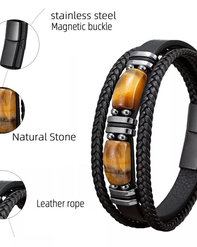 Natural Tiger's Eye Stone Men's Leather Braided Bracelet Bangle Magnetic Clasp