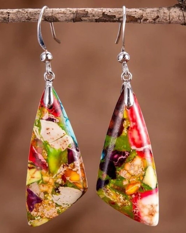 Ocean Jasper Boho Slab Dangle Healing Anxiety Relief Chakra Women Earrings