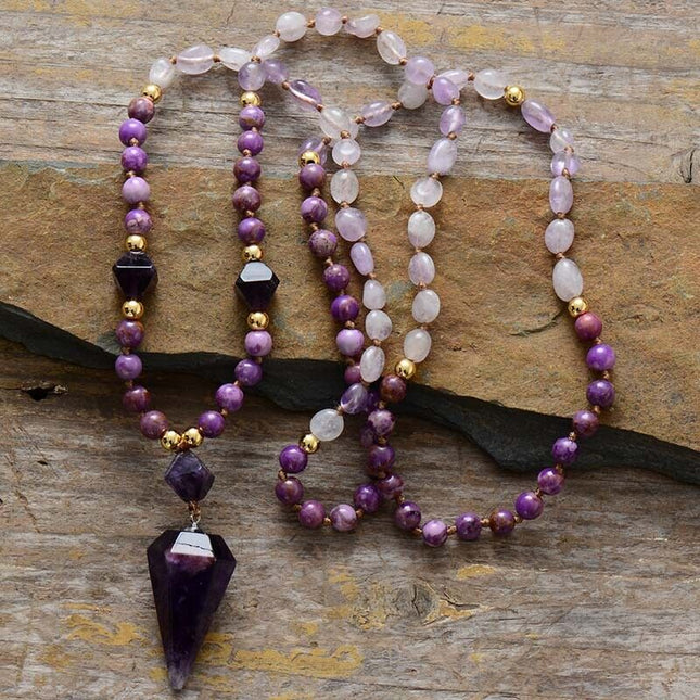 108 Mala Beads Amethyst Crystal Pendant Necklace for Meditation