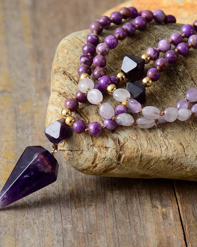 108 Mala Beads Amethyst Crystal Pendant Necklace for Meditation
